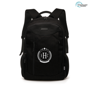 branded black backpck