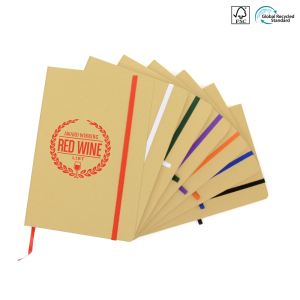 recycled company branded notebooks in a natural finish with coloured elastic closure and pen loop