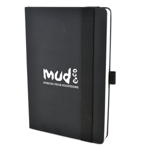 branded journal notebook with elastic closure and pen loop in black
