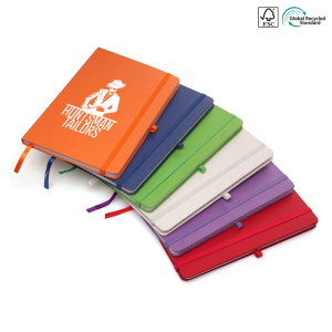 Pile of promotional journals with elastic closure strap and pen loop in a selection of colours