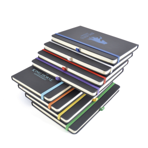 custom printed notebooks with pen loop and elastic closure in different colours